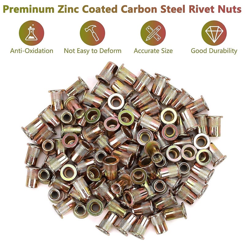 PRECIHW 100pcs M6 Rivet Nuts, M6 Flat Head Rivnut Threaded Insert Nuts with Knurled Body, Metric Zinc Plated Carbon Steel Insert Nutsert for Automotive, Furniture, Decoration Brand: - Image 5